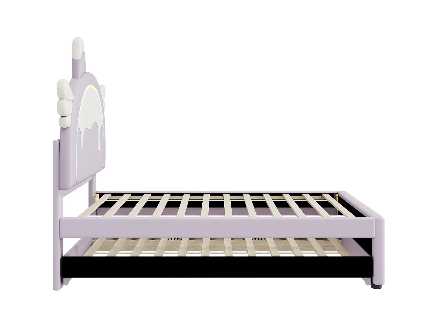 Lit gigogne enfant 90x200 cm avec sommier - tête de lit capitonnée avec LED et 3 tiroirs - similicuir - violet (sans matelas)