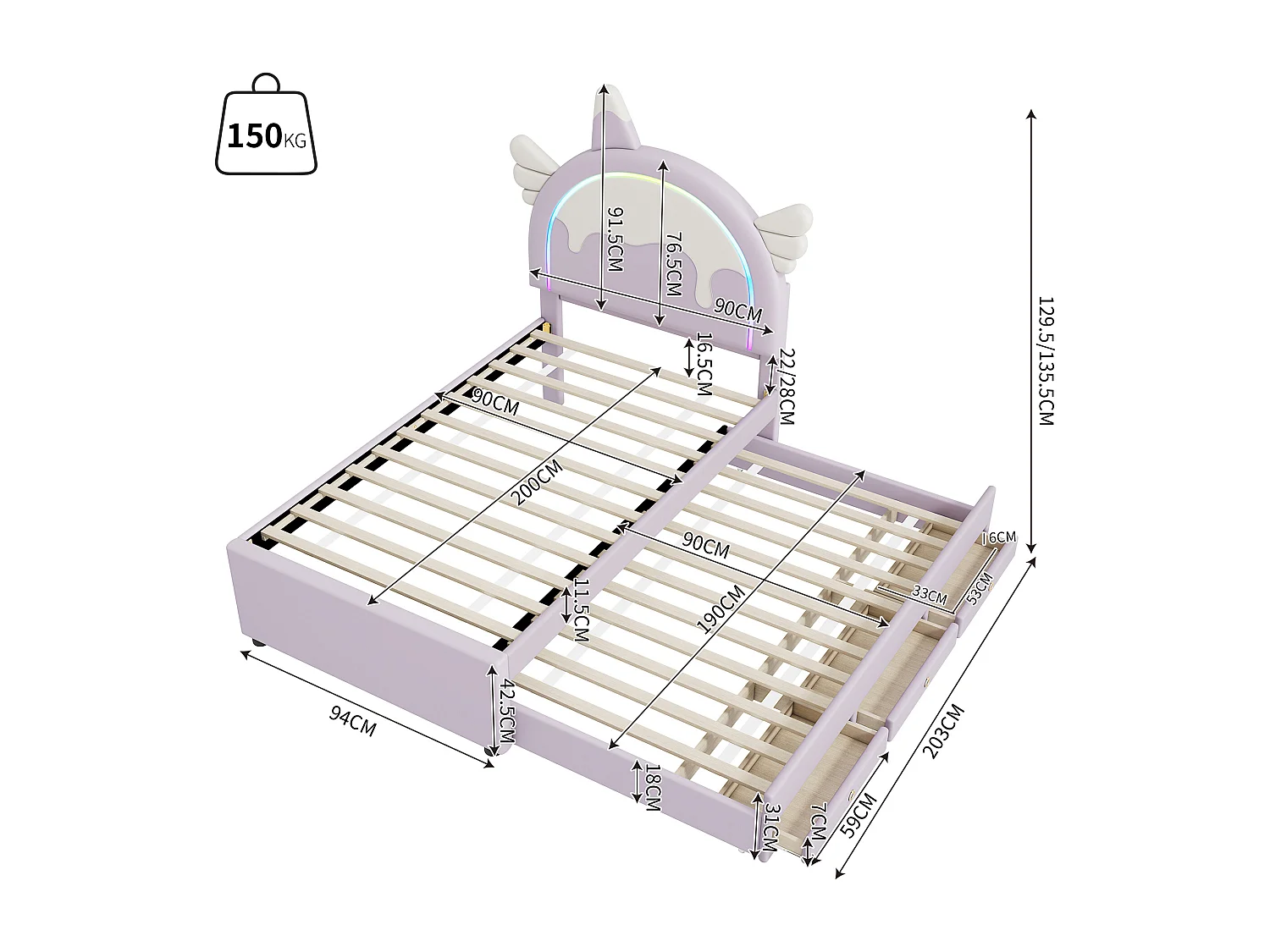 Lit gigogne 90x200 cm avec sommier - tête de lit capitonnée avec LED et 3 tiroirs - similicuir - violet (sans matelas)