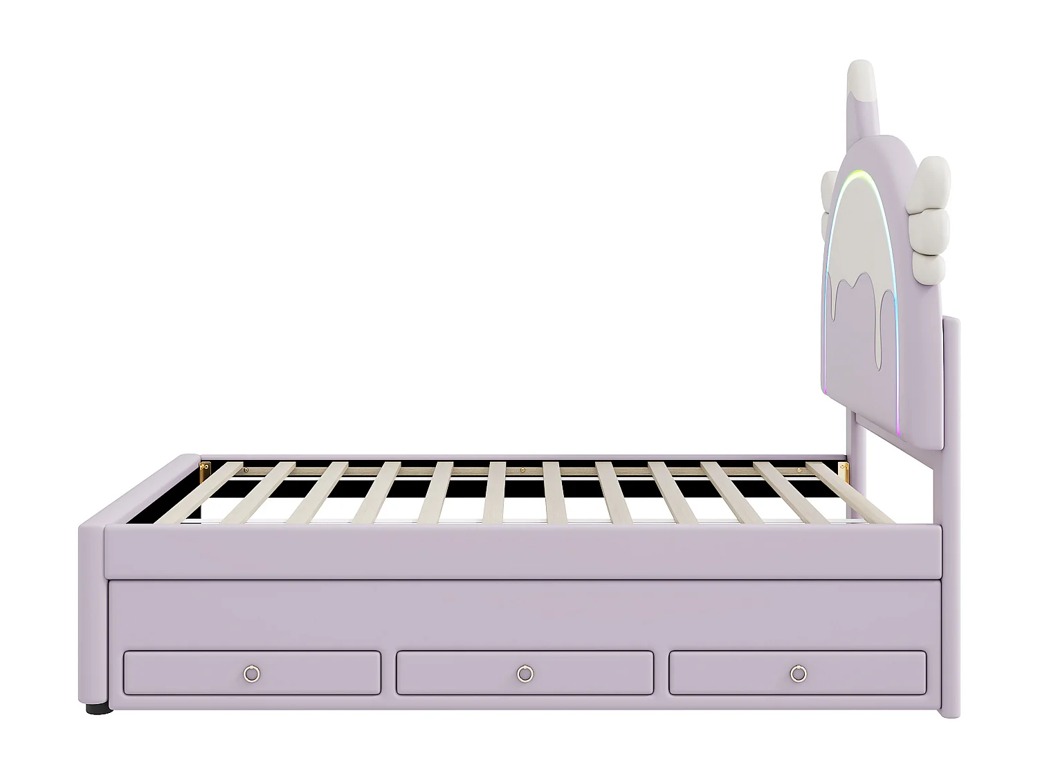 Lit gigogne 90x200 cm avec sommier - tête de lit capitonnée avec LED et 3 tiroirs - similicuir - violet (sans matelas)