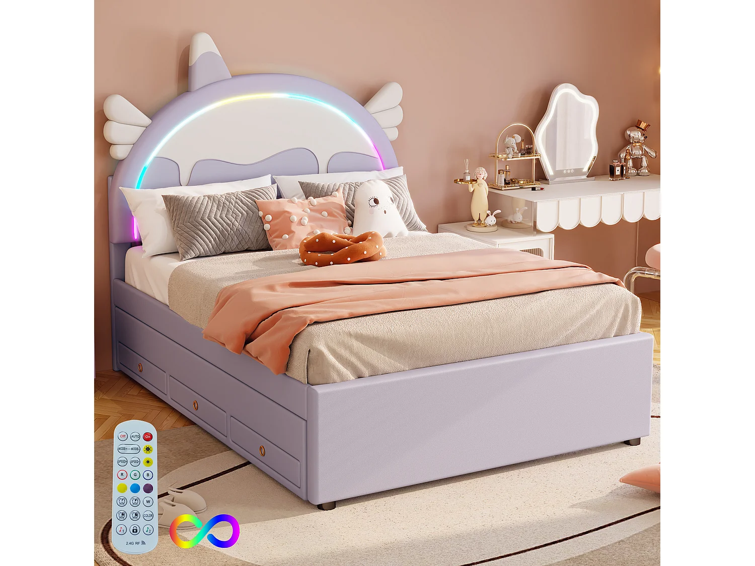 Volwassen uitschuifbed 140x200 cm met lattenbodem - gewatteerd hoofdeinde met LED-verlichting en 3 laden - kunstleer - paars (zonder matras)