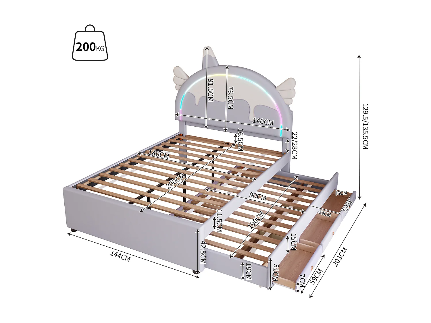 Volwassen uitschuifbed 140x200 cm met lattenbodem - gewatteerd hoofdeinde met LED-verlichting en 3 laden - kunstleer - paars (zonder matras)