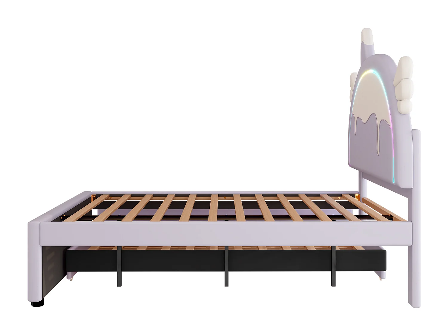 Volwassen uitschuifbed 140x200 cm met lattenbodem - gewatteerd hoofdeinde met LED-verlichting en 3 laden - kunstleer - paars (zonder matras)