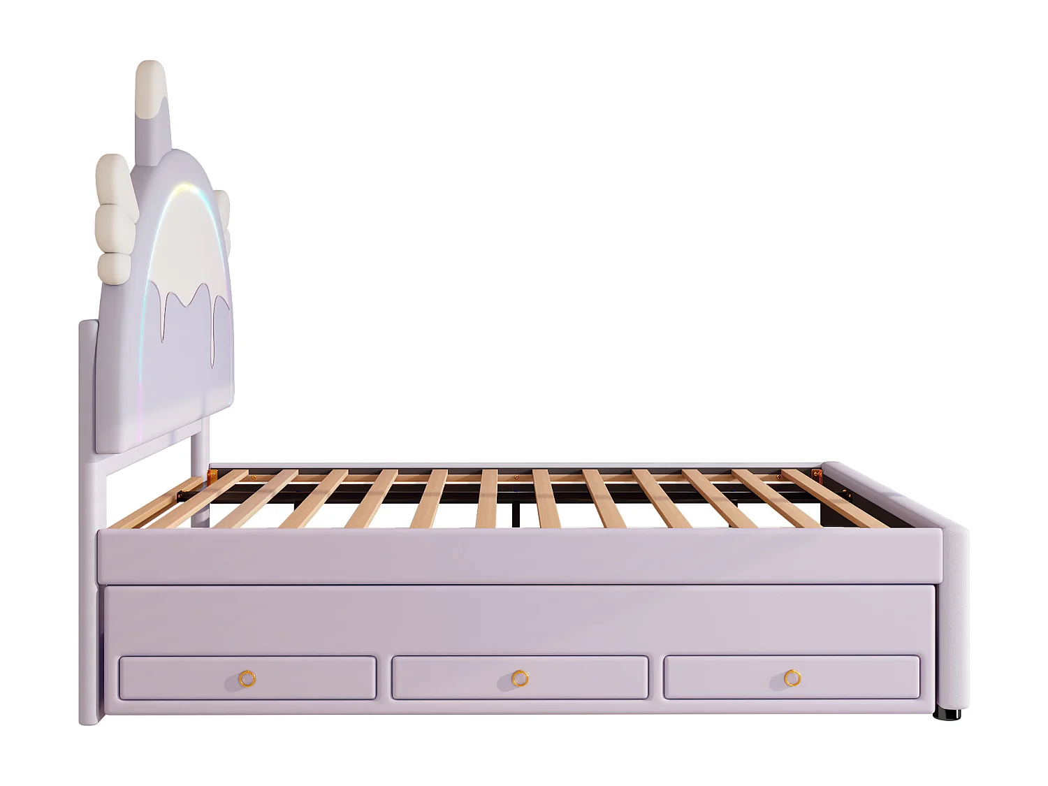 Volwassen uitschuifbed 140x200 cm met lattenbodem - gewatteerd hoofdeinde met LED-verlichting en 3 laden - kunstleer - paars (zonder matras)