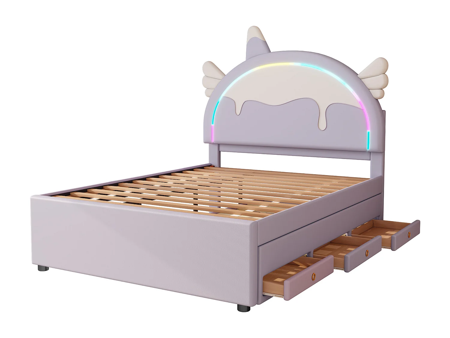 Volwassen uitschuifbed 140x200 cm met lattenbodem - gewatteerd hoofdeinde met LED-verlichting en 3 laden - kunstleer - paars (zonder matras)