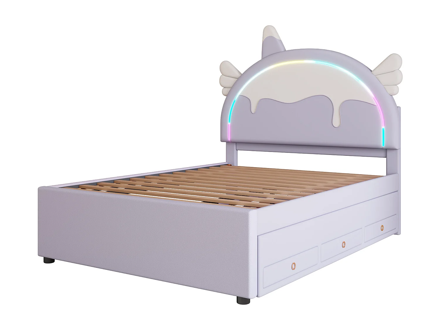 Volwassen uitschuifbed 140x200 cm met lattenbodem - gewatteerd hoofdeinde met LED-verlichting en 3 laden - kunstleer - paars (zonder matras)