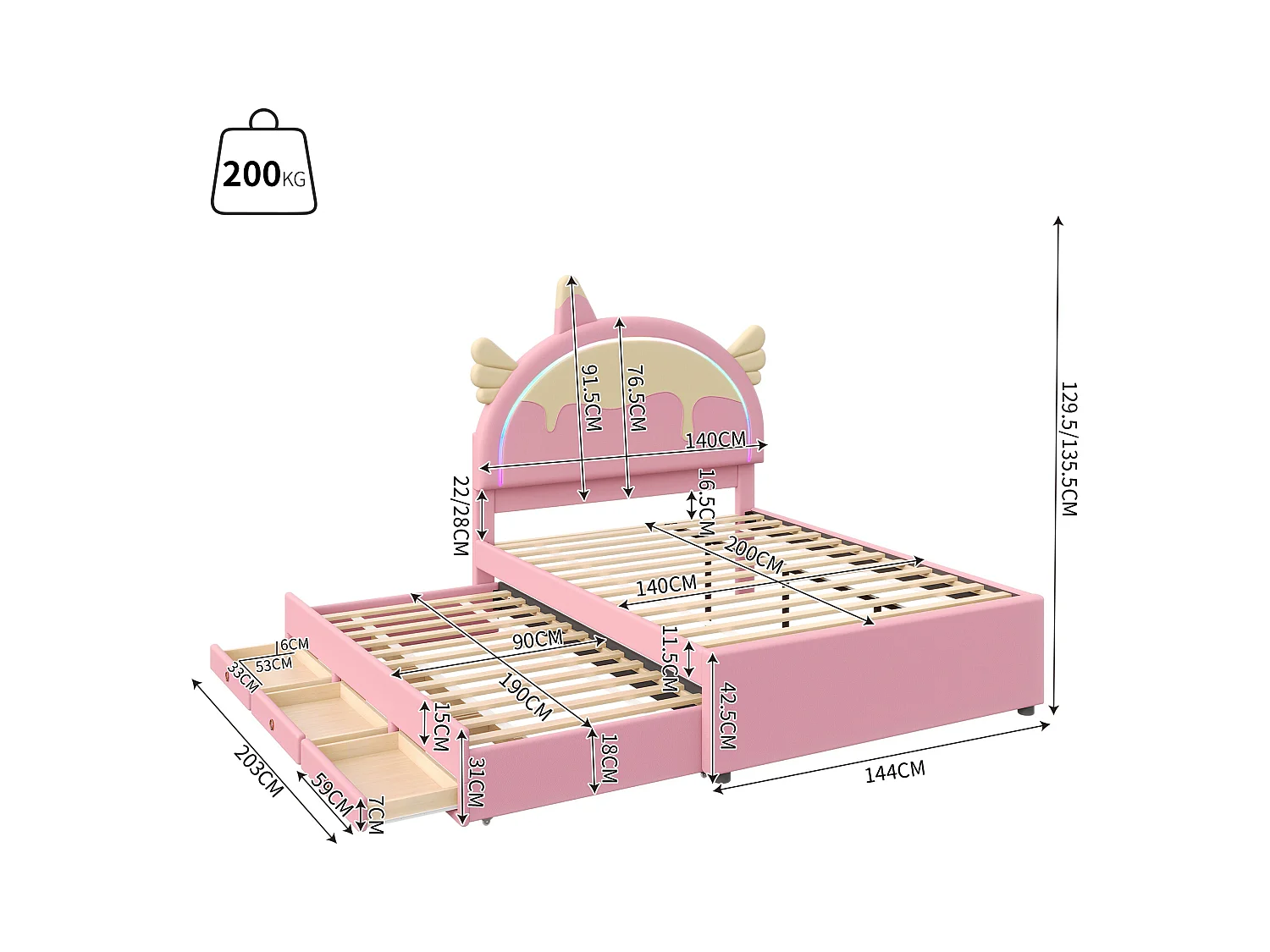 Lit gigogne 140x200 cm avec LED - avec 3 tiroirs - similicuir - rose (sans matelas)