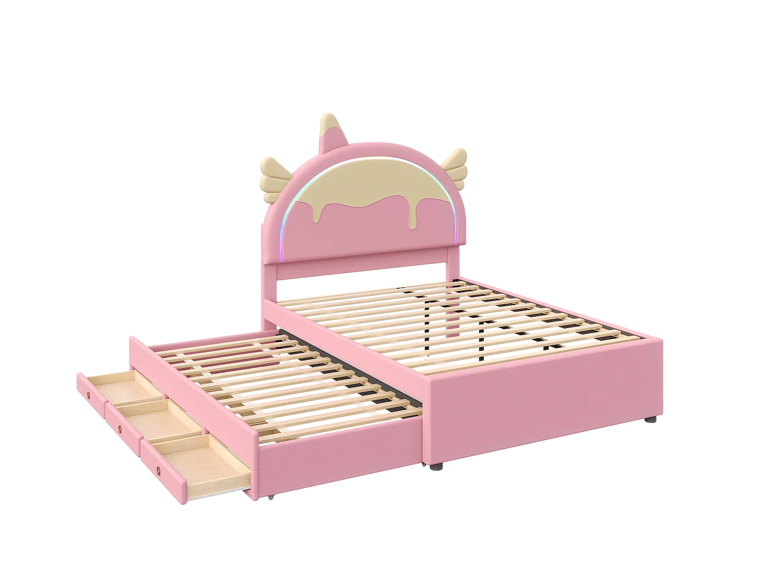 Lit gigogne 140x200 cm avec LED - avec 3 tiroirs - similicuir - rose (sans matelas)