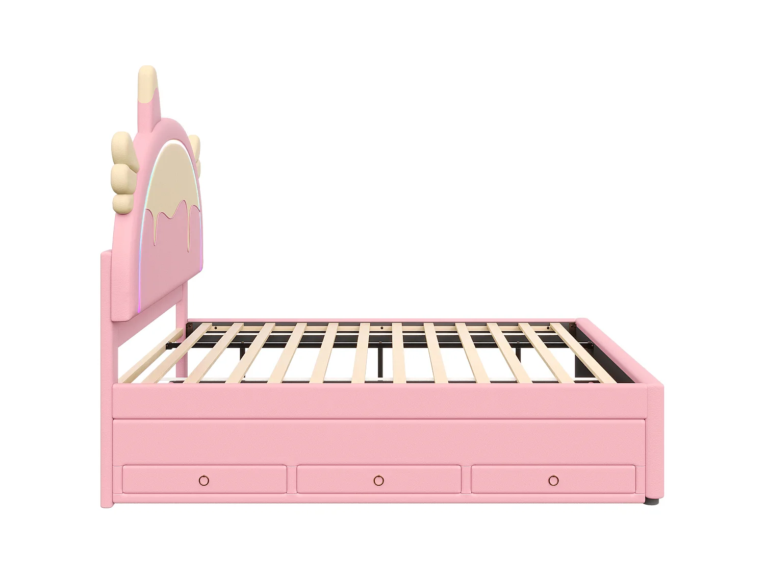 Lit gigogne 140x200 cm avec LED - avec 3 tiroirs - similicuir - rose (sans matelas)