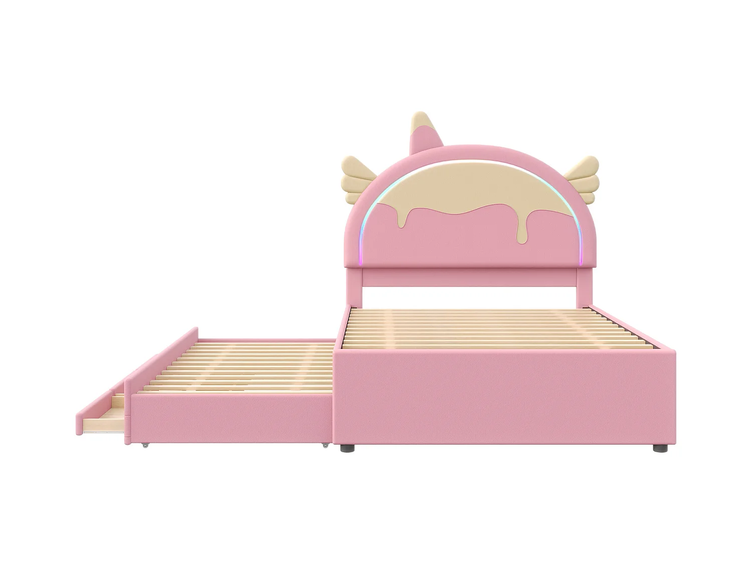 Lit gigogne 140x200 cm avec LED - avec 3 tiroirs - similicuir - rose (sans matelas)