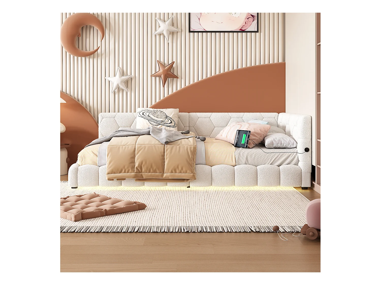 Eenpersoonsbed kinderbed 90x200 cm met lattenbodem - gewatteerd hoofdbord met USB en LED - fluweel - wit (zonder matras)