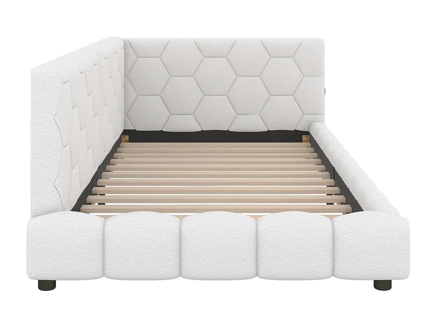 Lit enfant 90x200 cm avec sommier - tête de lit capitonnée avec USB et LED - velours - blanc (sans matelas)