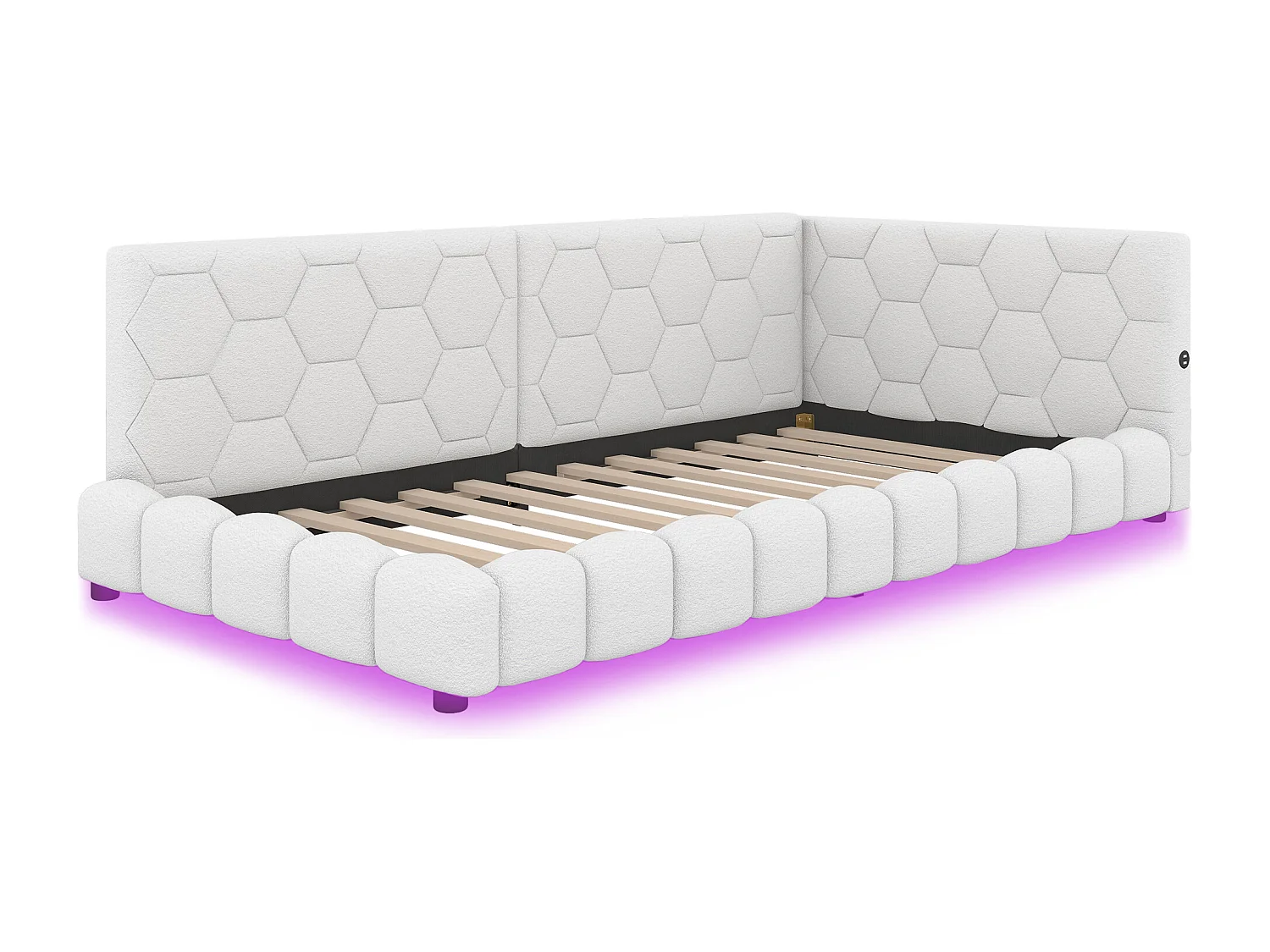Lit enfant 90x200 cm avec sommier - tête de lit capitonnée avec USB et LED - velours - blanc (sans matelas)
