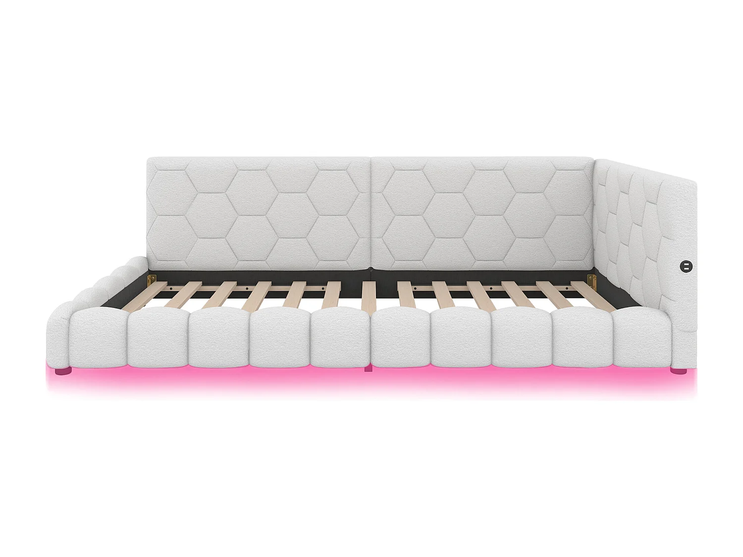 Lit enfant 90x200 cm avec sommier - tête de lit capitonnée avec USB et LED - velours - blanc (sans matelas)