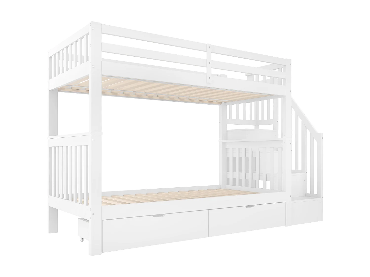 Lit superposé 90x200 cm avec sommier - protection anti-chute avec éhelle et 2 tiroirs - bois - blanc (sans matelas)