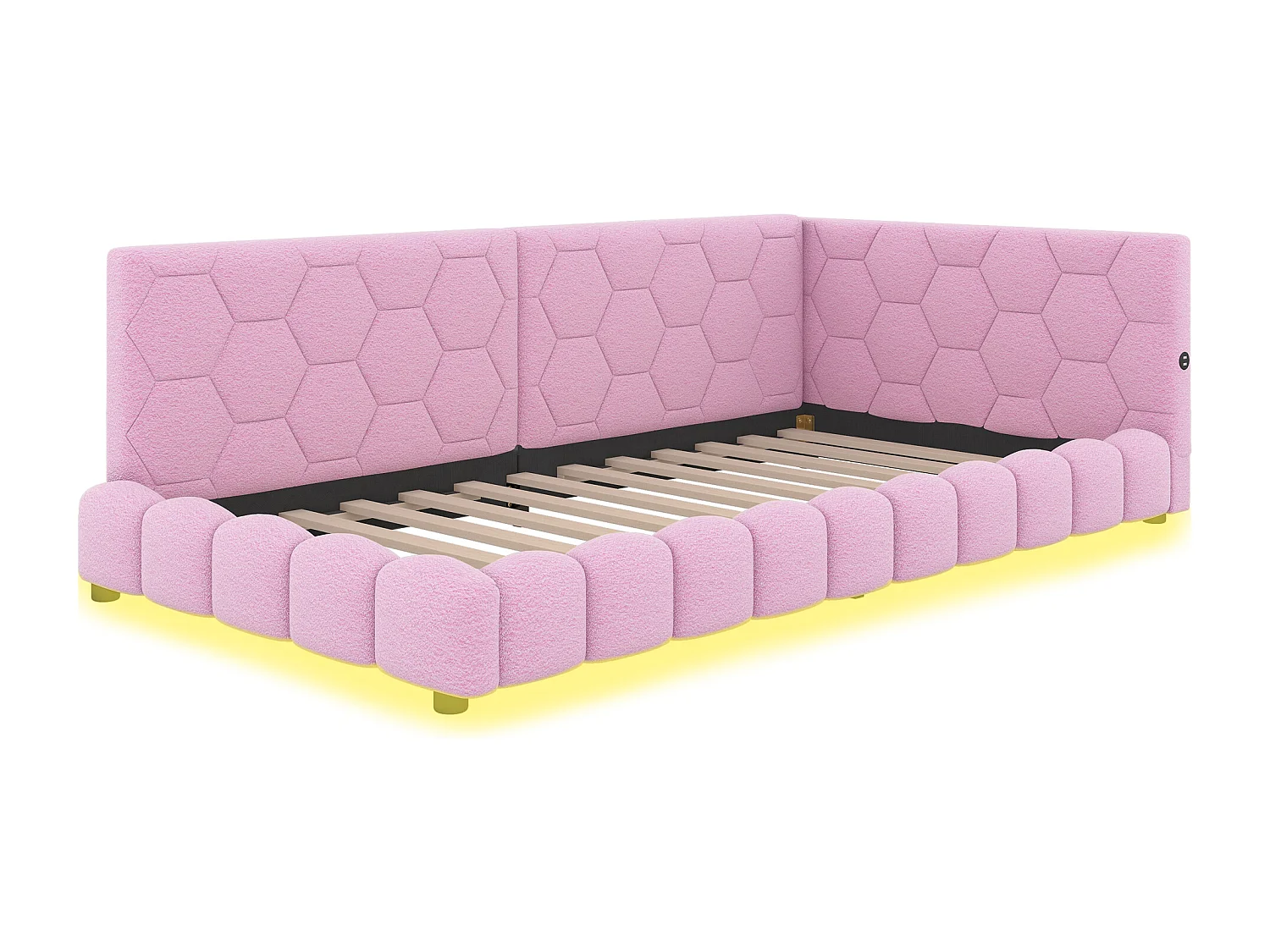 Lit enfant 90x200 cm avec sommier - tête de lit  avec USB et LED - velours - rose (sans matelas)