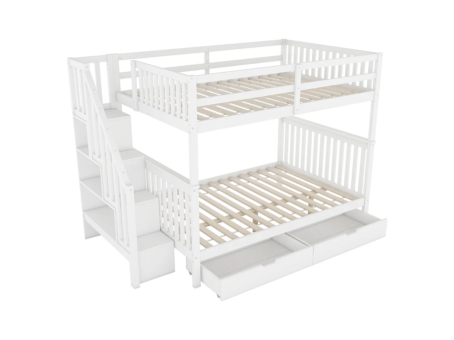 Stapelbed voor volwassenen 140x200 cm met onderstel - antivalbeveiliging met ladder en 2 lades - hout - wit (zonder matras)