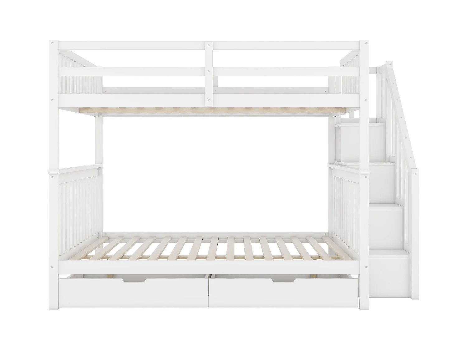 Stapelbed voor volwassenen 140x200 cm met onderstel - antivalbeveiliging met ladder en 2 lades - hout - wit (zonder matras)