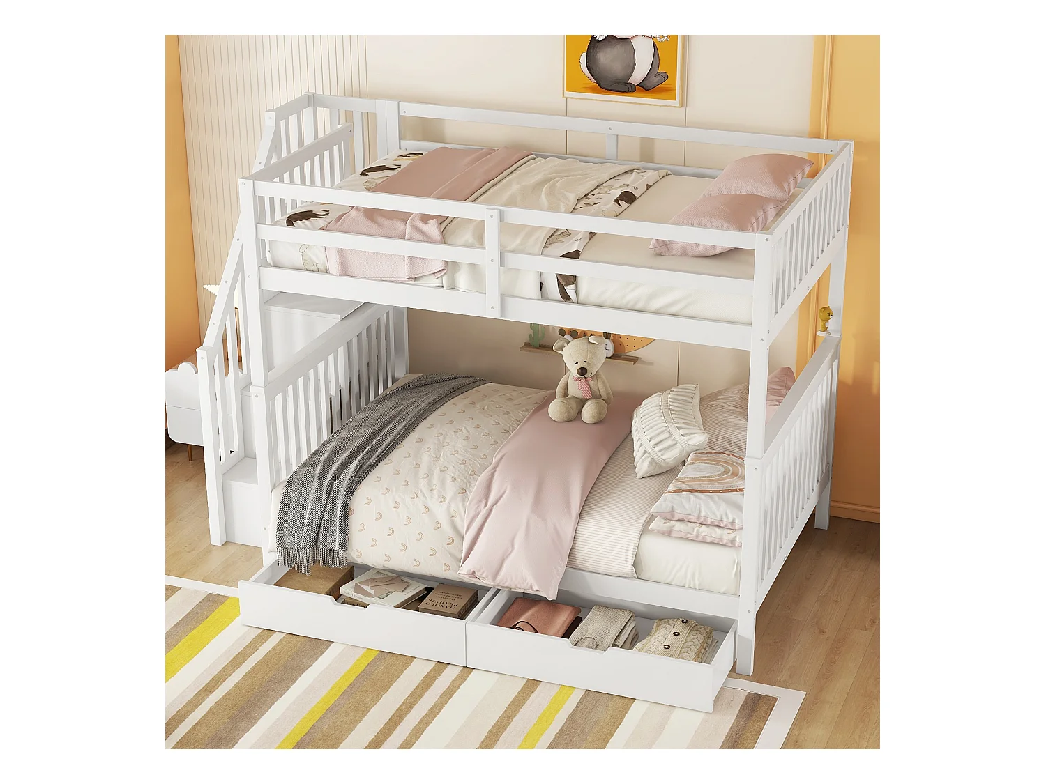 Lit superposé adulte 140x200 cm avec sommier - protection anti-chute avec éhelle et 2 tiroirs - bois - blanc (sans matelas)