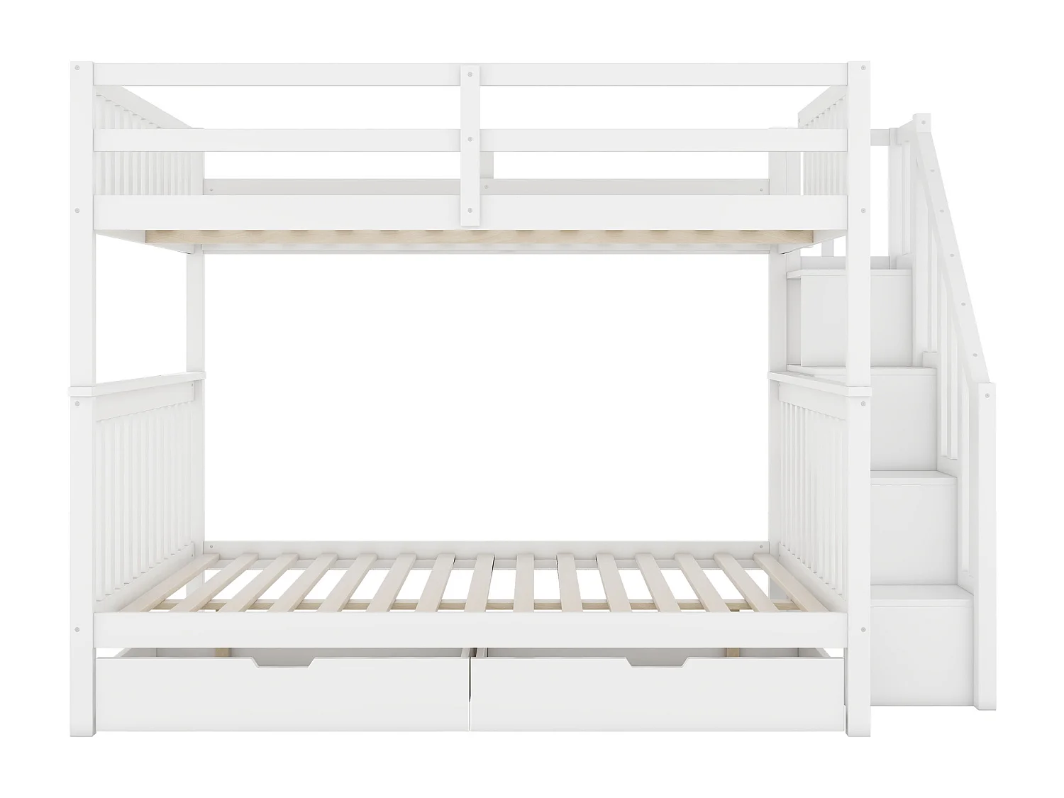 Lit superposé 140x200 cm avec échelle et 2 tiroirs - protection anti chute - Pin - blanc (sans matelas)