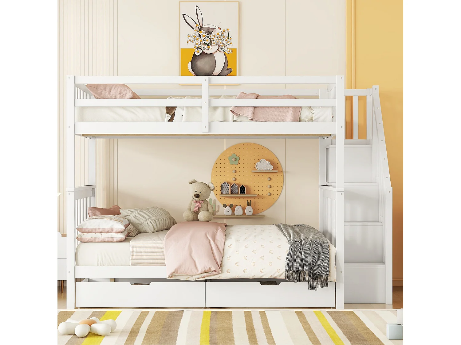 Lit superposé 140x200 cm avec échelle et 2 tiroirs - protection anti chute - Pin - blanc (sans matelas)