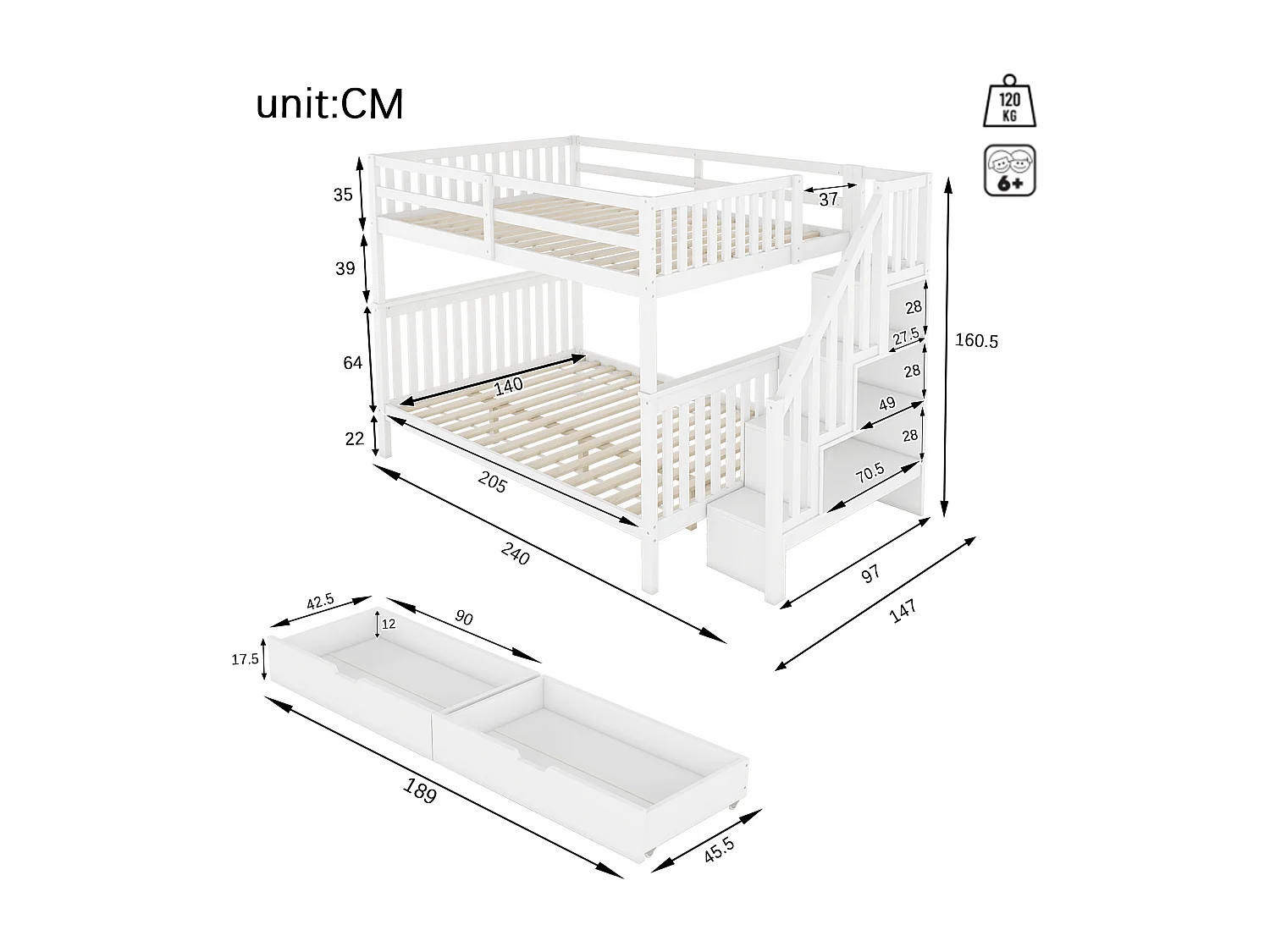 Lit superposé 140x200 cm avec échelle et 2 tiroirs - protection anti chute - Pin - blanc (sans matelas)