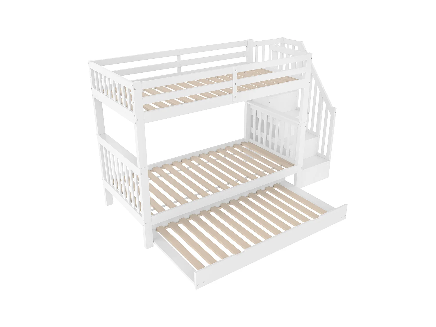 Lit superposé enfant 90x200 cm avec lit gigogne - protection anti-chute avec éhelle - bois - blanc (sans matelas)