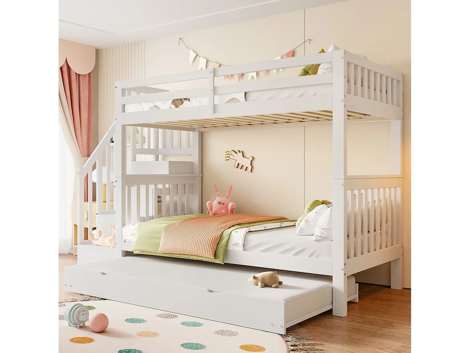 Lit superposé enfant 90x200 cm avec lit gigogne - protection anti-chute avec éhelle - bois - blanc (sans matelas)