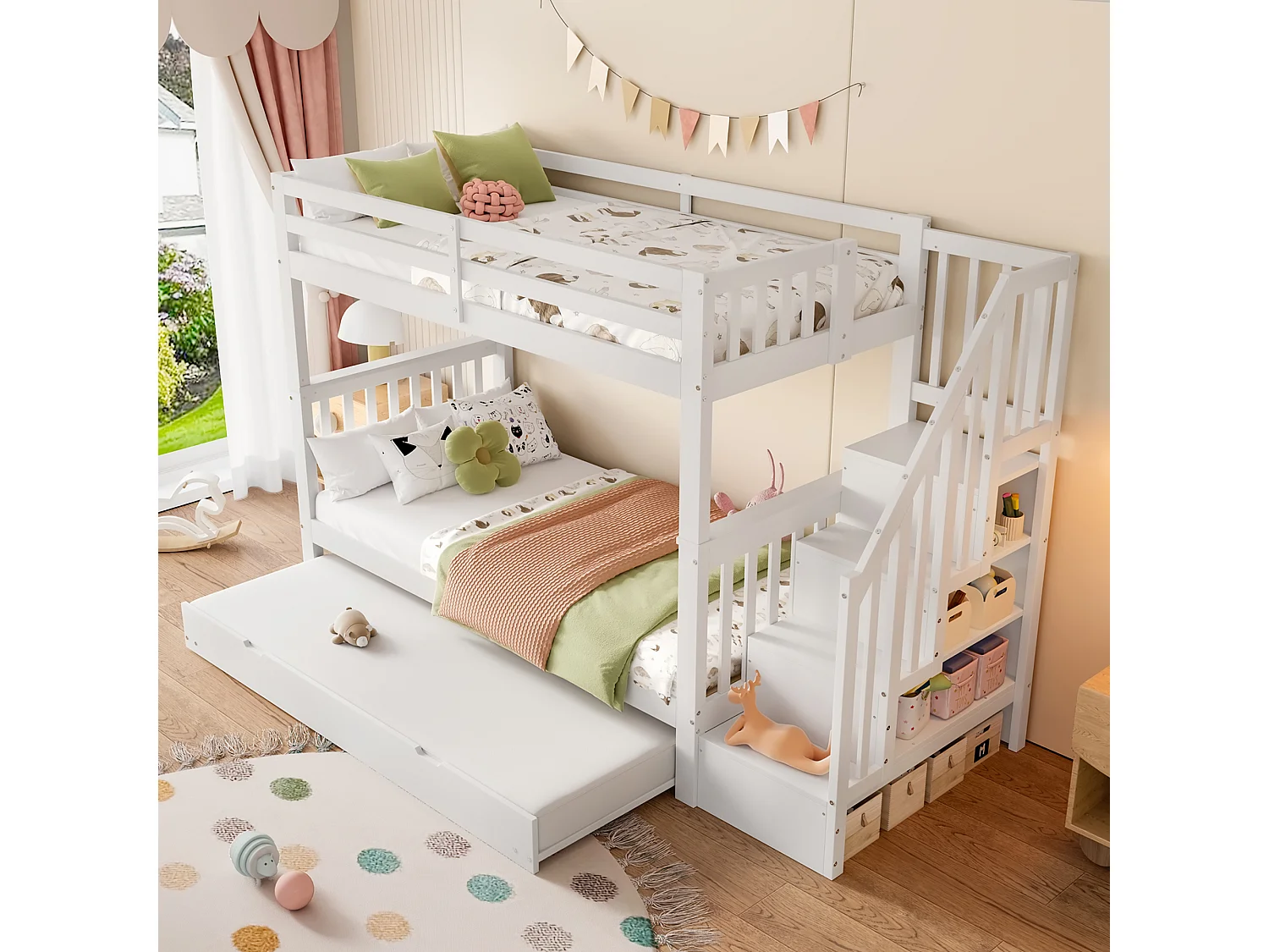 Lit superposé 90x200 cm avec lit gigogne - protection anti-chute avec éhelle - bois - blanc (sans matelas)