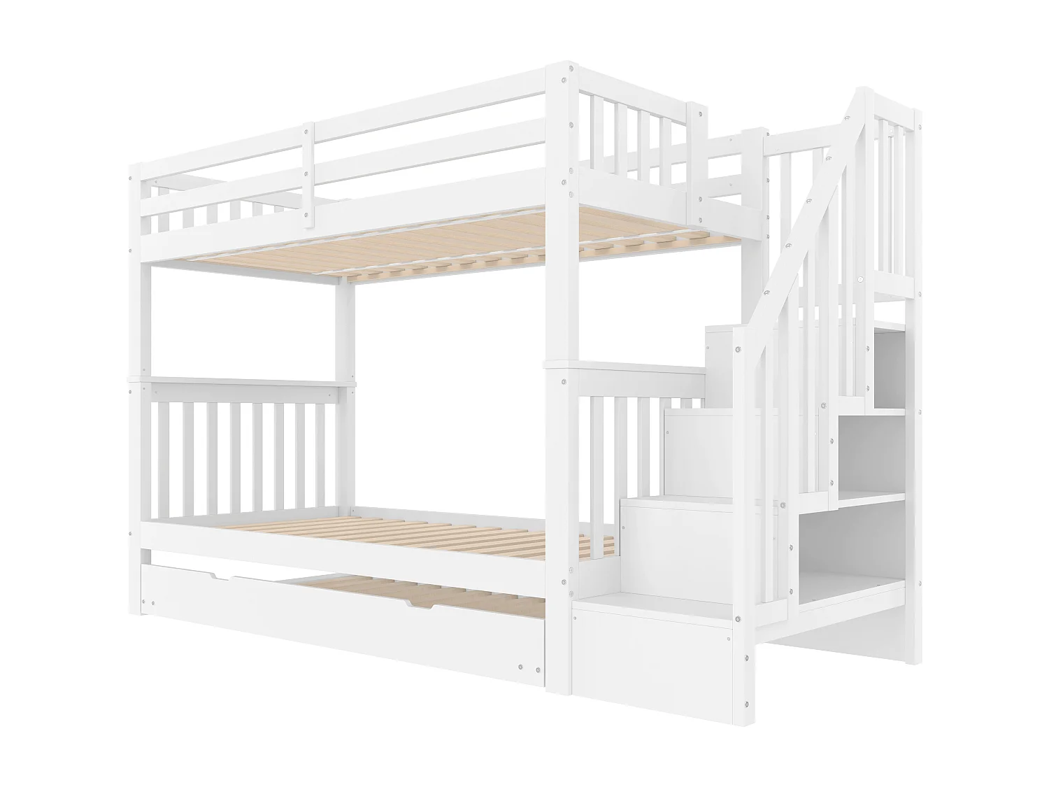 Lit superposé 90x200 cm avec lit gigogne - protection anti-chute avec éhelle - bois - blanc (sans matelas)