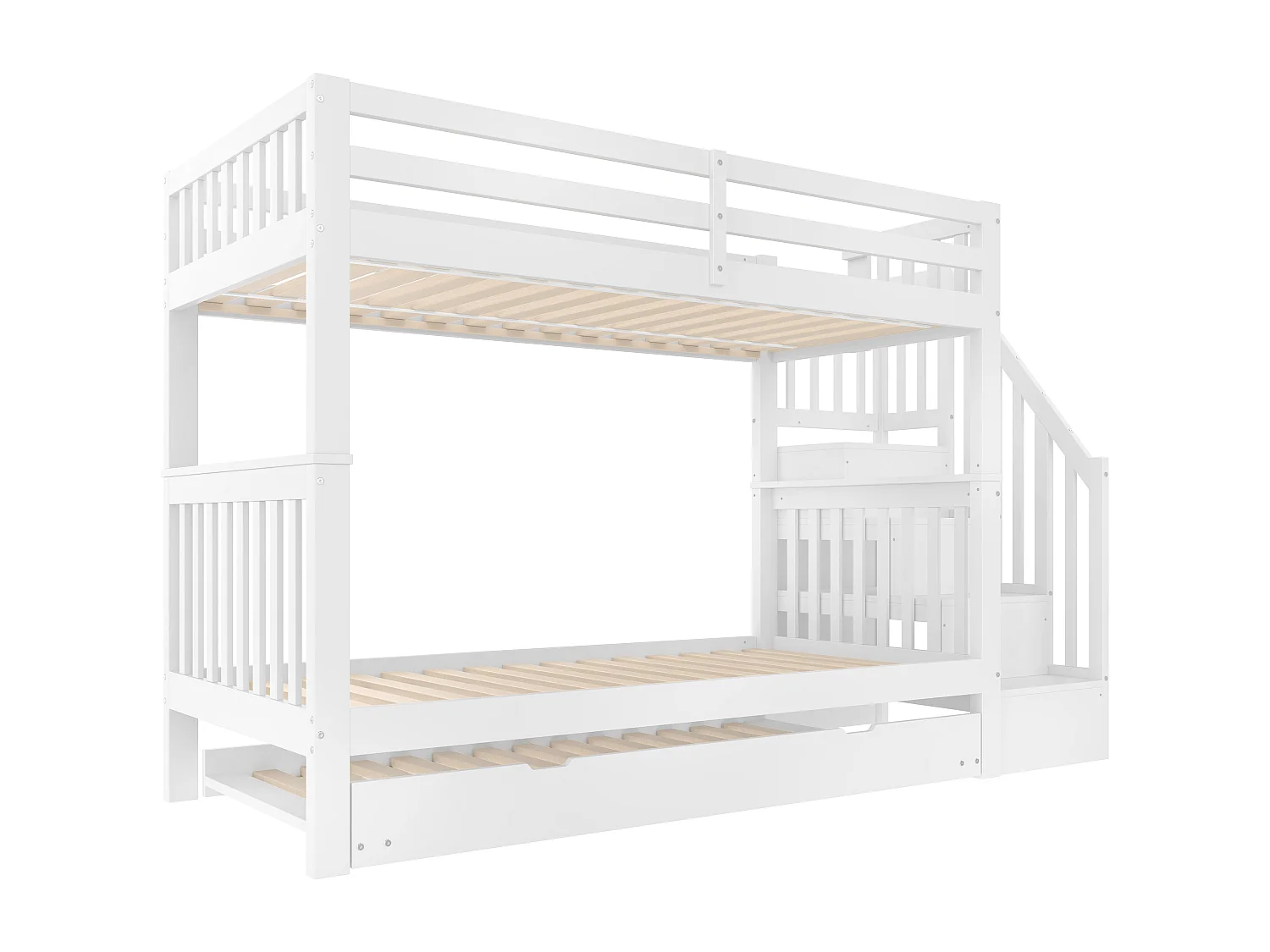 Lit superposé 90x200 cm avec lit gigogne - protection anti-chute avec éhelle - bois - blanc (sans matelas)