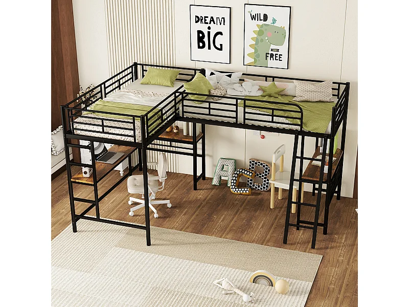Lit mezzanine enfant 90x200 cm avec sommier - protection anti-chute avec bureau et rangement - métal - noir (sans matelas)