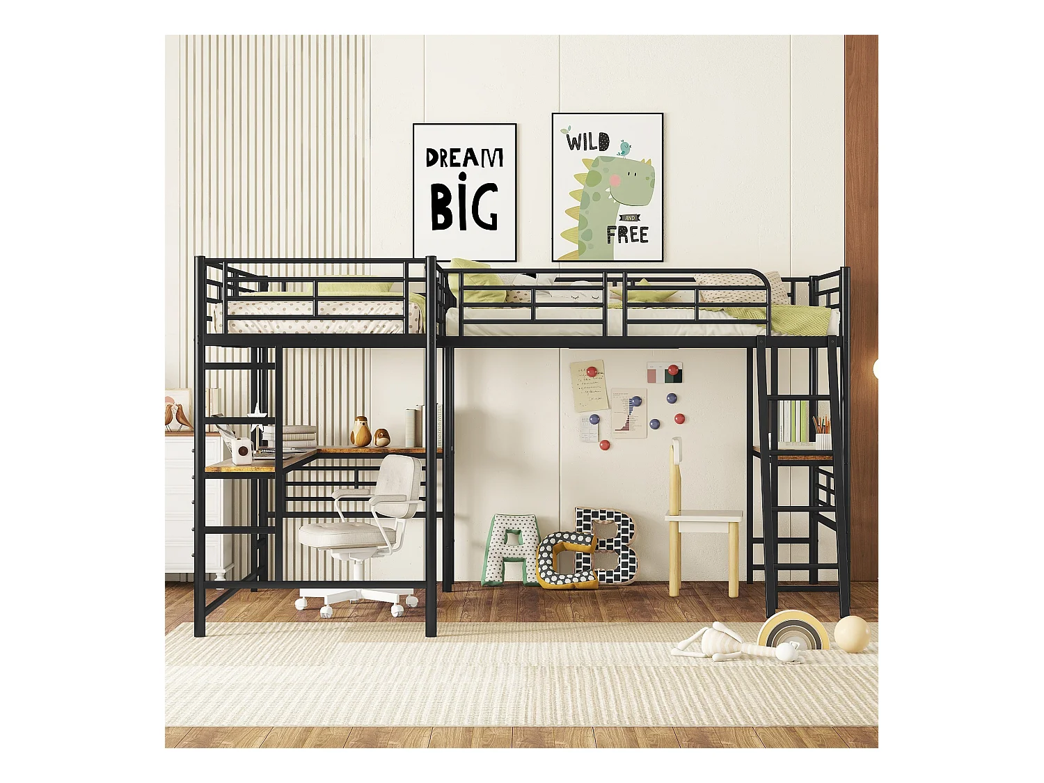 Lit mezzanine 90x200 cm avec sommier - protection anti-chute avec bureau et rangement - métal - noir (sans matelas)