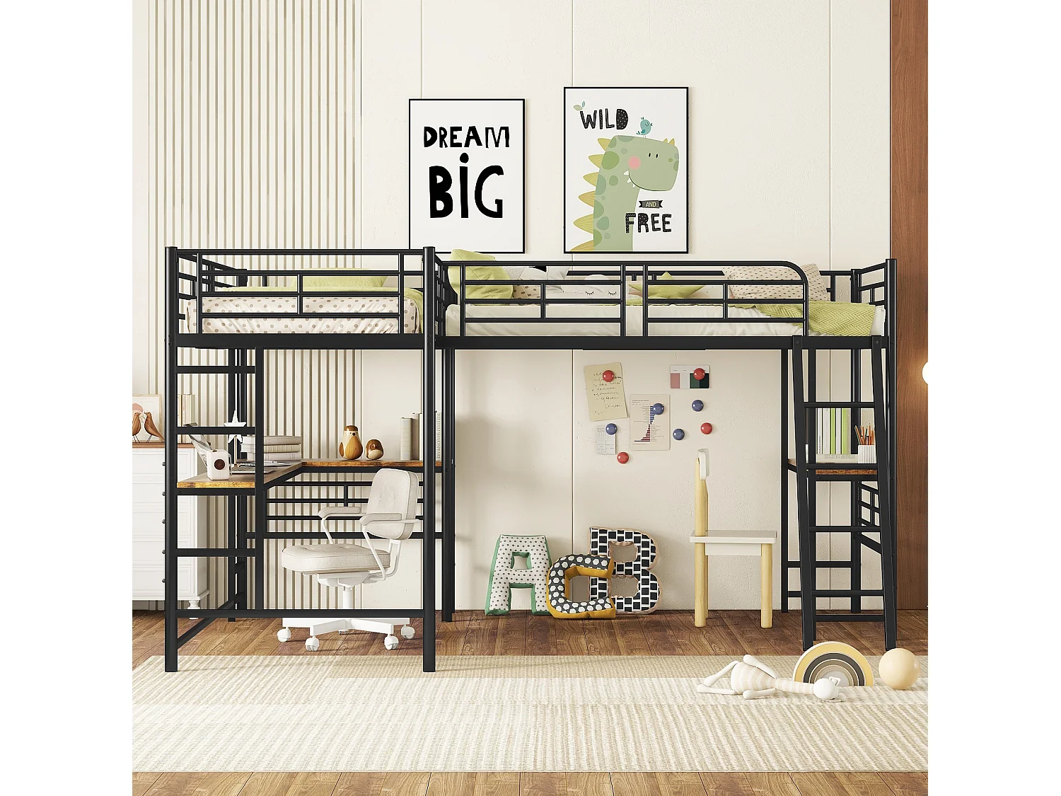 Kinderhoogslaper 90x200 cm met lattenbodem - antivalbeveiliging met bureau en opbergruimte - metaal - zwart (zonder matras)