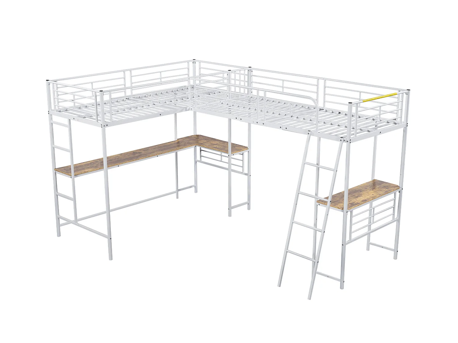 Lit mezzanine 90x200 cm avec sommier - protection anti-chute avec bureau et rangement - métal - blanc (sans matelas)