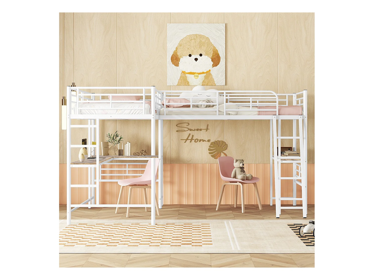 Lit mezzanine 90x200 cm avec sommier - protection anti-chute avec bureau et rangement - métal - blanc (sans matelas)