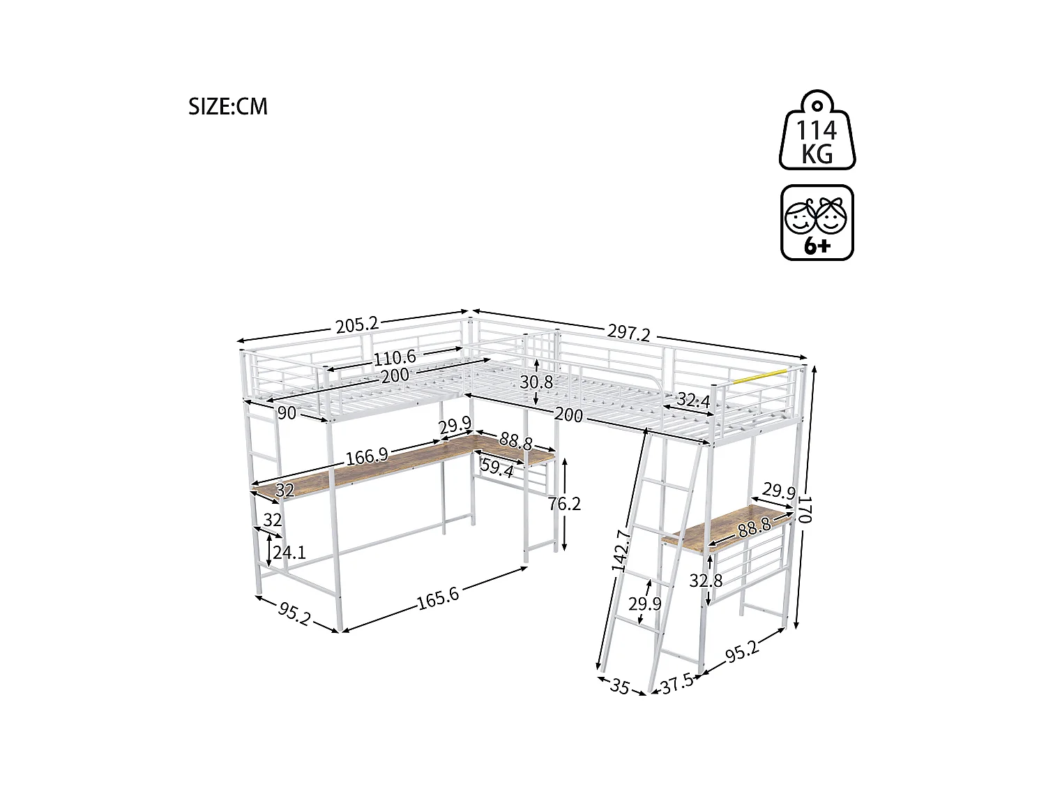 Lit mezzanine 90x200 cm avec sommier - protection anti-chute avec bureau et rangement - métal - blanc (sans matelas)