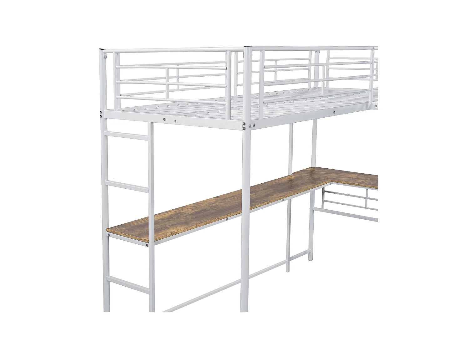 Lit mezzanine 90x200 cm avec sommier - protection anti-chute avec bureau et rangement - métal - blanc (sans matelas)