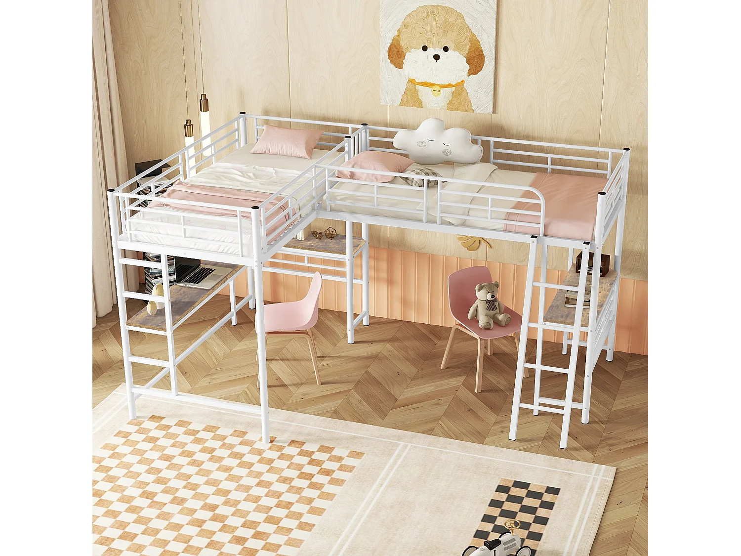 Kinderhoogslaper 90x200 cm met lattenbodem - anti-valbeveiliging met bureau en opbergruimte - metaal - wit (zonder matras)