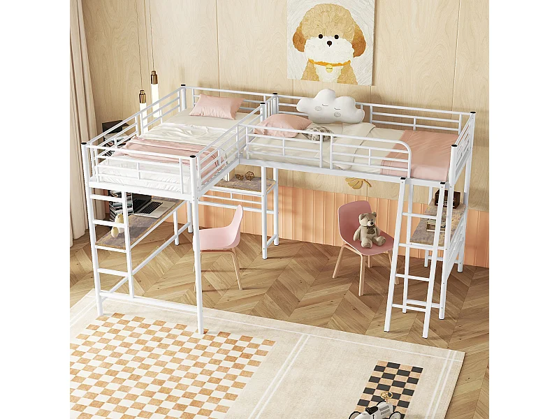 Kinderhoogslaper 90x200 cm met lattenbodem - anti-valbeveiliging met bureau en opbergruimte - metaal - wit (zonder matras)