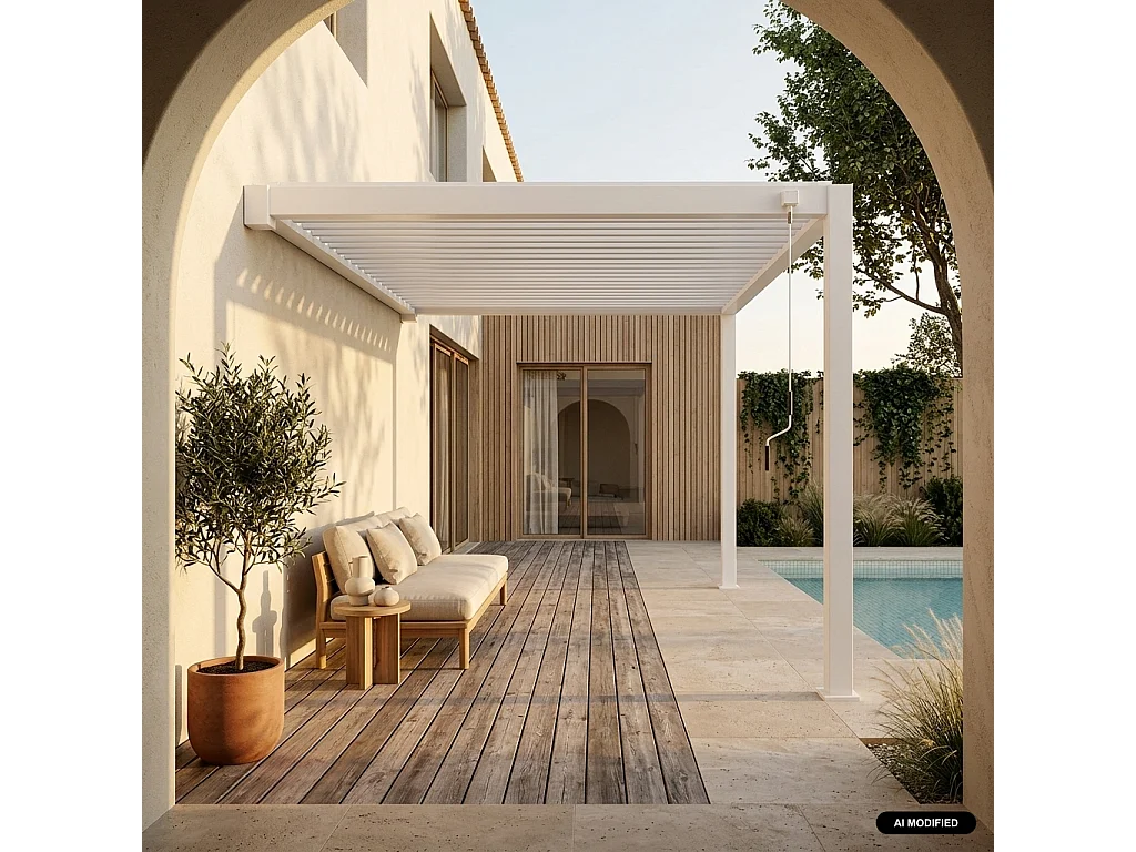 Pergola bioclimatica 3x4m in alluminio addossata, lame orientabili , Triomphe 3x4m addossata,