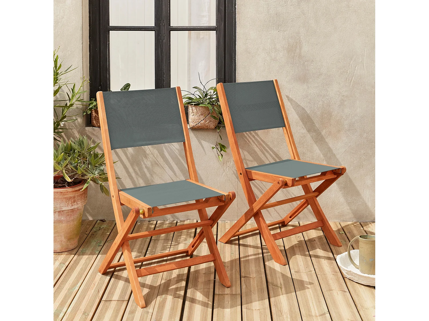 Silla de jardín plegable de madera de eucalipto, set de 2 verde kaki