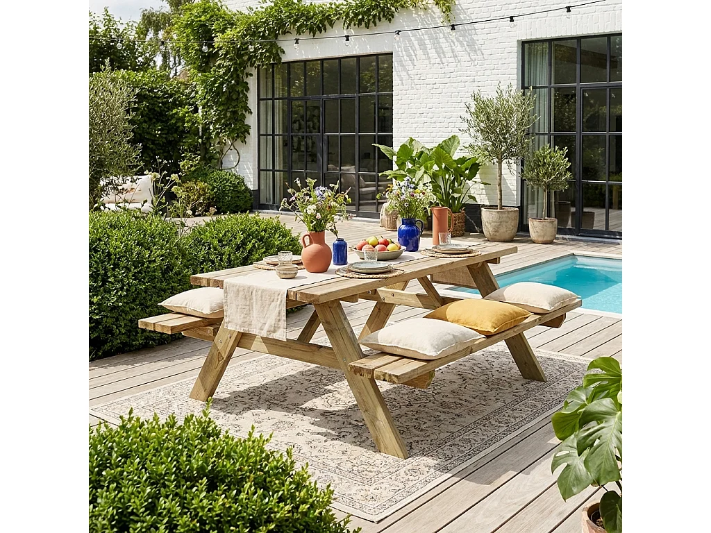 Mesa de picnic con 2 bancos para 6 personas madera