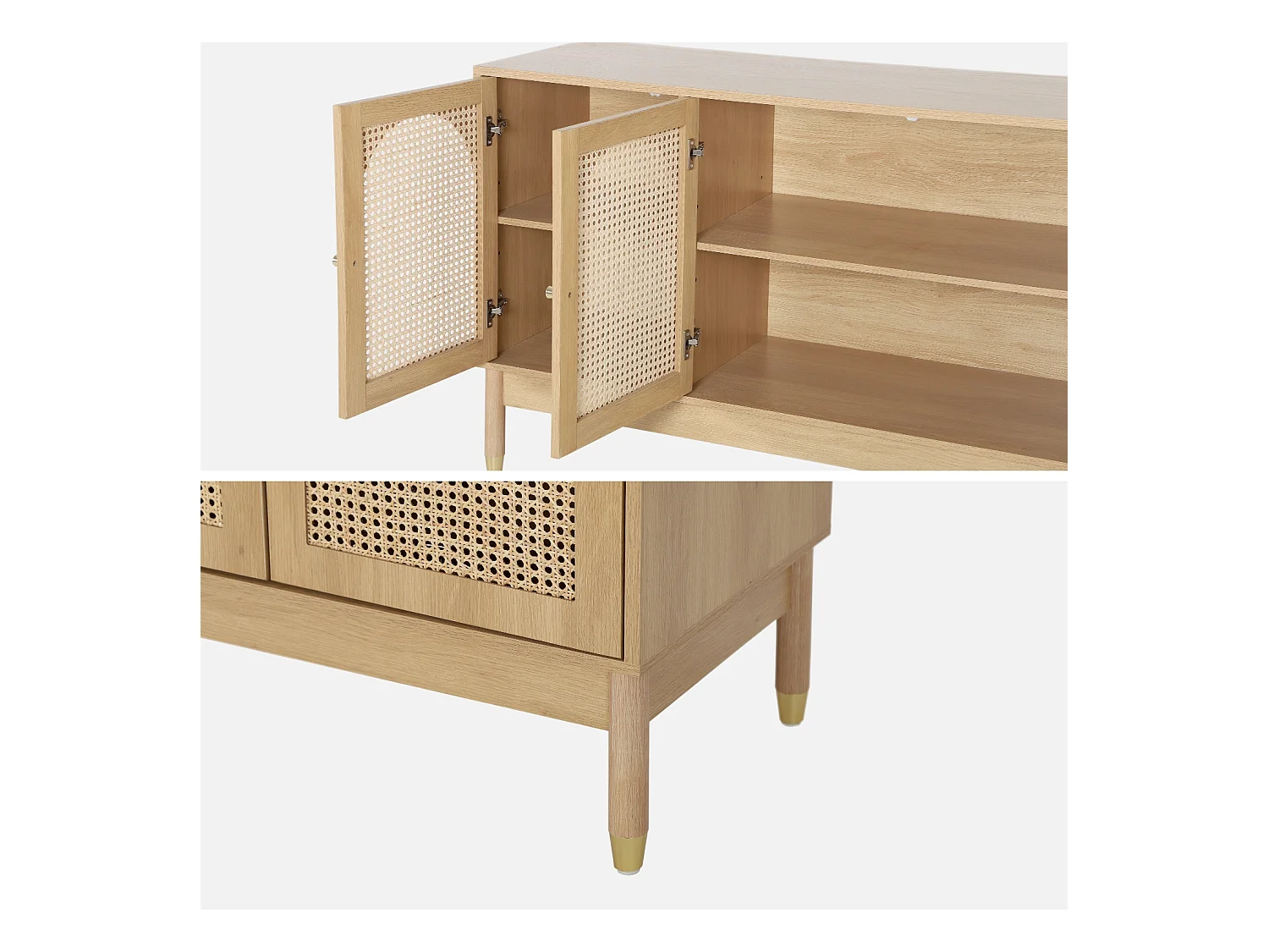 Credenza decorazione legno e canna 3 ante 120cm, marrone naturale