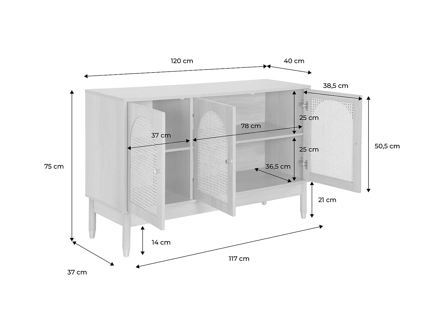 Credenza decorazione legno e canna 3 ante 120cm, marrone naturale