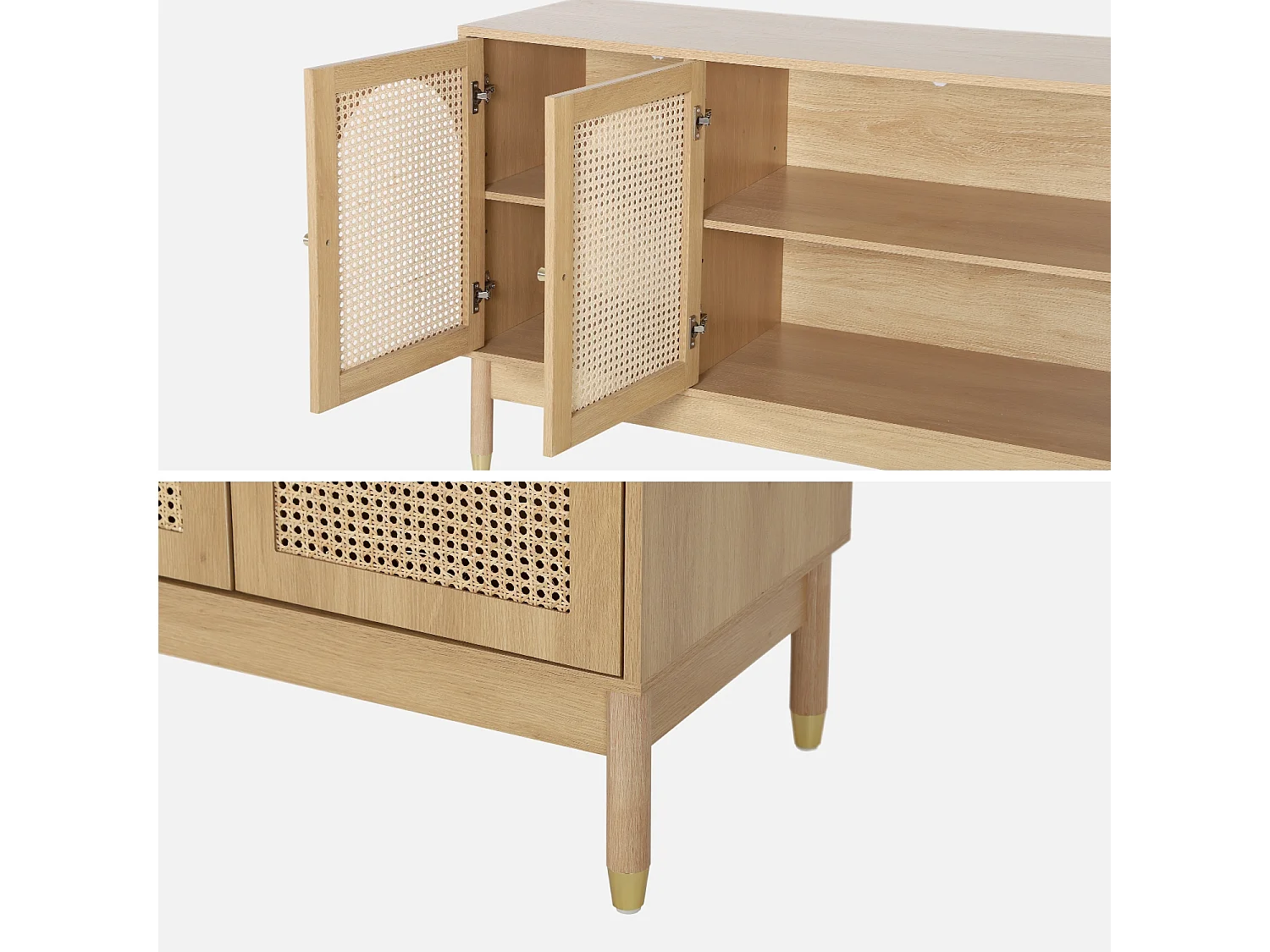 Credenza decorazione legno e canna 3 ante 120cm, marrone naturale