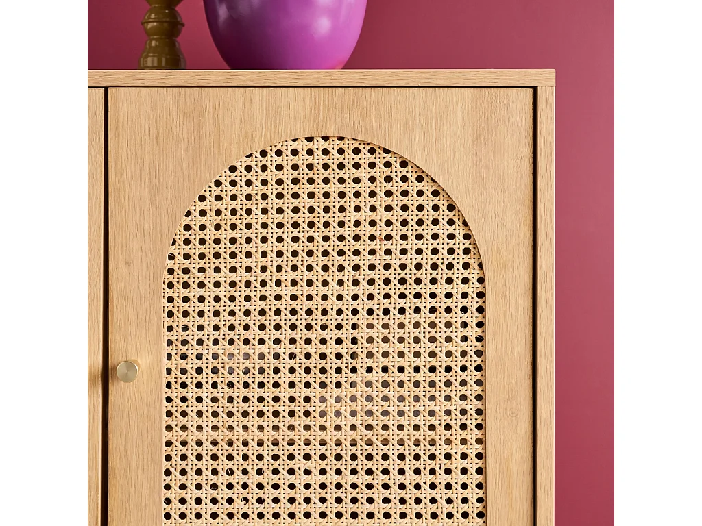 Credenza decorazione legno e canna 3 ante 120cm, marrone naturale