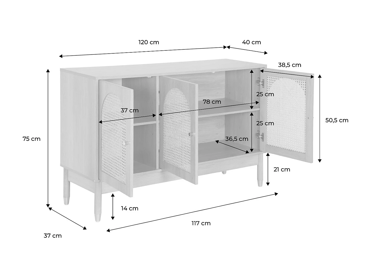 Credenza decorazione legno e canna 3 ante 120cm, marrone naturale