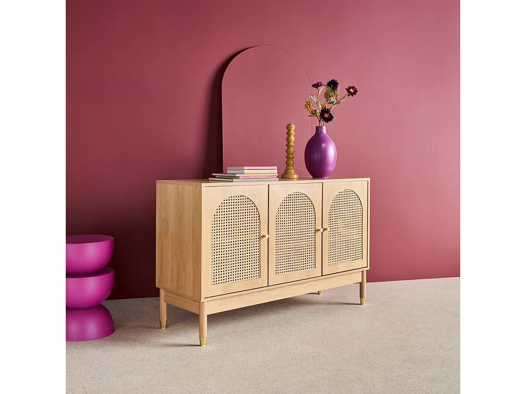 Aparador efecto madera y mimbre con 3 puertas, 120cm, Natural