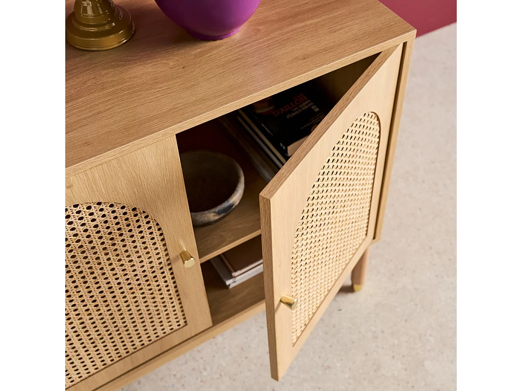 Aparador efecto madera y mimbre con 3 puertas, 120cm, Natural