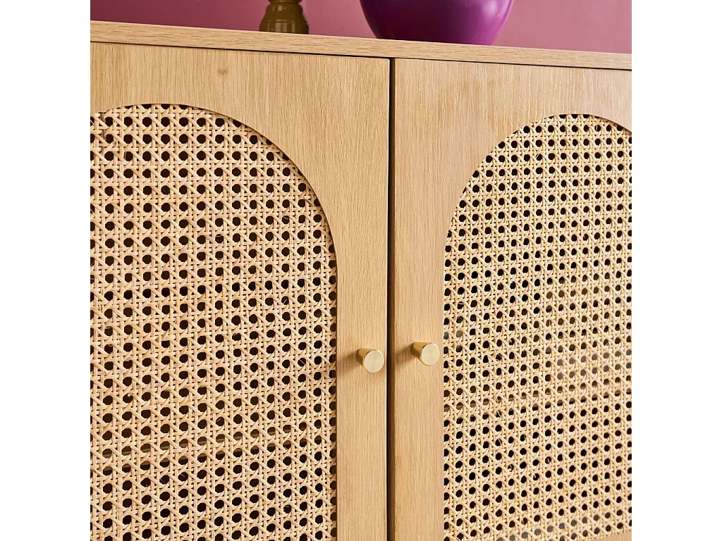 Aparador efecto madera y mimbre con 3 puertas, 120cm, Natural